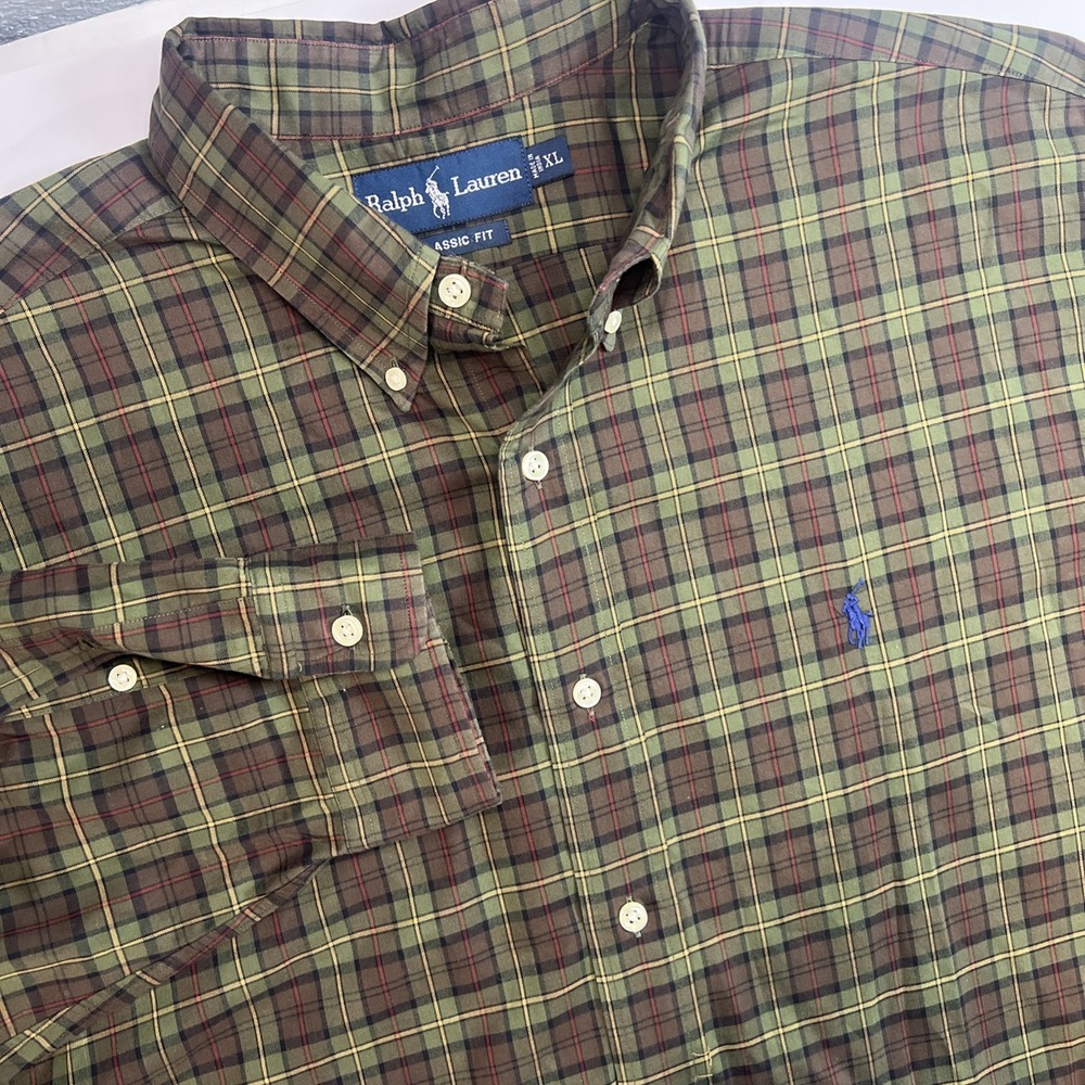 Ralph Lauren Men's Classic Brown & Burgundy Red Plaid Cotton Dress Shirt Size XL